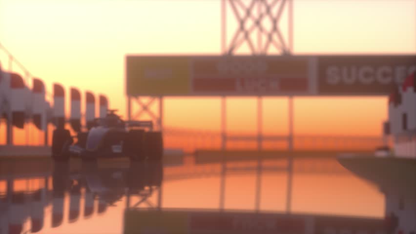 A racing car is shown in a race track with a sunset in the background