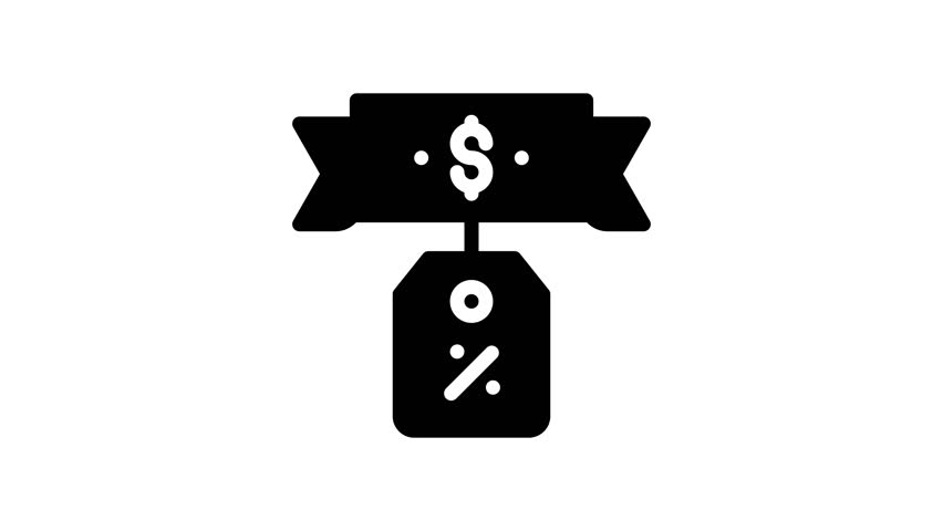 Animated price tag, dollar sign, yellow tag, percent symbol. Perfect for finance, business promotions, discounts, sales, and award ceremonies.