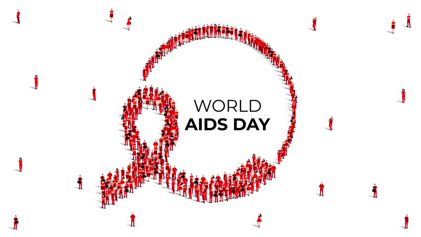 World AIDS Day awareness month concept.1st December. Large group of people form to create a red ribbon. 4K Video animation.