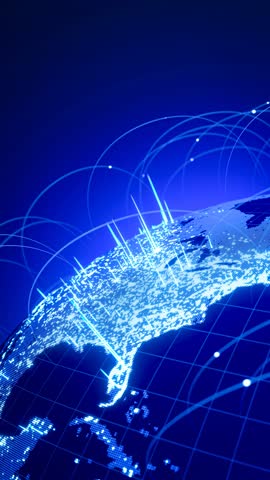 Digital Earth globe cyberspace with data flowing neon light stripe. global network communication technology in modern digital age world, hologram dot particle background with copy space. 3D Rendering