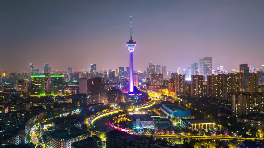 Aerial view of Chengdu city at night, China.