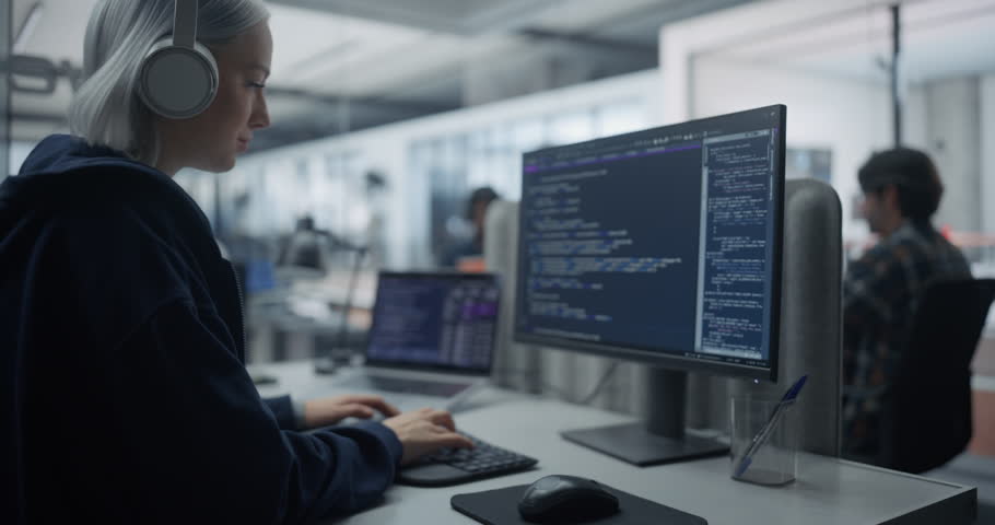 Caucasian Female Developer with Headphones Working on Software Code in a Modern Glass Office Together with a Young Dynamic Team. Camera Zooms Out From a Screen with Programming Language