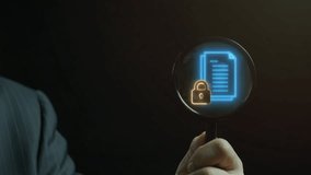 File Security icon, Document Management concept for system or process used to capture, track and store electronic documents. Businessman show document and folder icon with master key on virtual screen - Powered by Shutterstock - Get 15% off with code: PIKWIZARD15