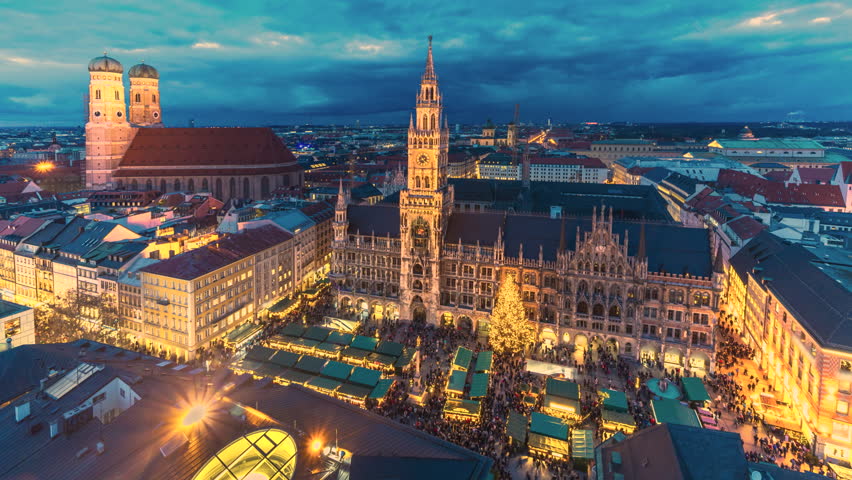 The Munich Christmas Market Münchner Christkindlmarkt in marienplatz munich sqaure old town view time lapse in front munich town hall germany city.