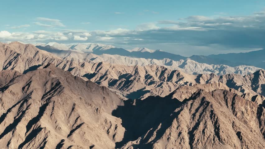 Aerial drone shot of dry rocky mountains of Leh Ladakh.