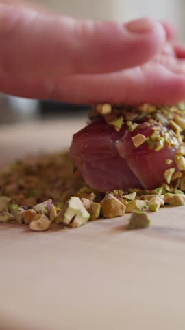 Fish Breading Tuna With Pistachio Grains On A Cutting Board Kitchen Restaurant