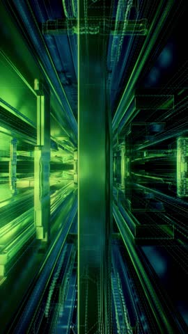 3d vertical video, abstract urban virtual reality tunnel. Futuristic motion graphic. Green and blue neon light glow, geometric construction.