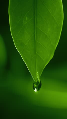 Herbal essence extract in macro. Organic serum drop falling down from a fresh leaf. Essential oil or water dropping in slow motion. Alternative healthy medicine. Skin care cosmetics. Vertical video