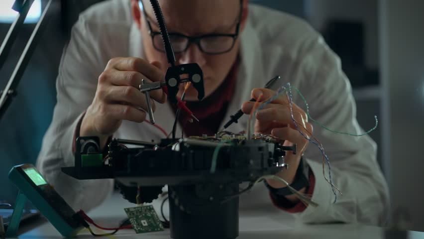 An engineer focuses intently on repairing a robotic device, skillfully connecting wires and components in a well-lit, modern laboratory environment filled with high-tech tools - Powered by Shutterstock - Get 15% off with code: PIKWIZARD15