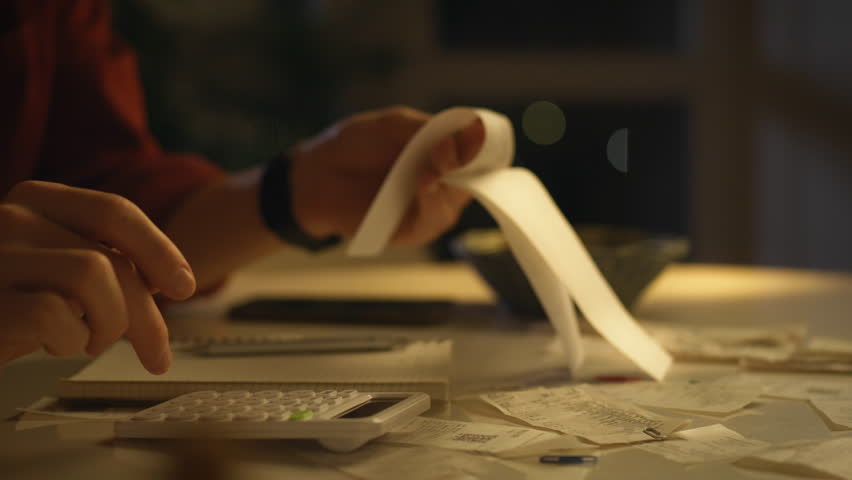 A person sorts through receipts while using a calculator to track expenses late at night. The workspace is dimly lit, creating a focused atmosphere for budgeting