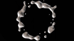 Circle with dynamic silver liquid splashes on black background. Futuristic fluid, metallic surface. Flowing, molten metal. Copy space in the middle. Y2k style. 3D animation. 3D Illustration - Powered by Shutterstock - Get 15% off with code: PIKWIZARD15