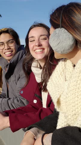 Vertical HD video of young group of multiracial friends hanging out at city street. Millennial people enjoying time together at weekend. Cheerful men and women having fun outdoors.