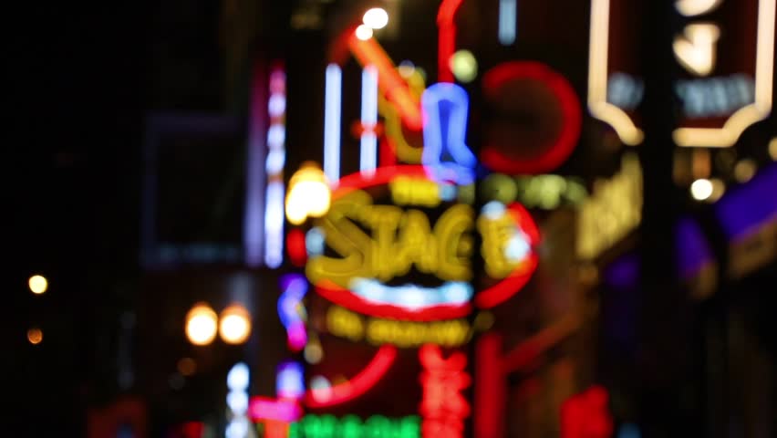 Nashville Broadway Nightlife Neon Lights Stationary Eye-Level View