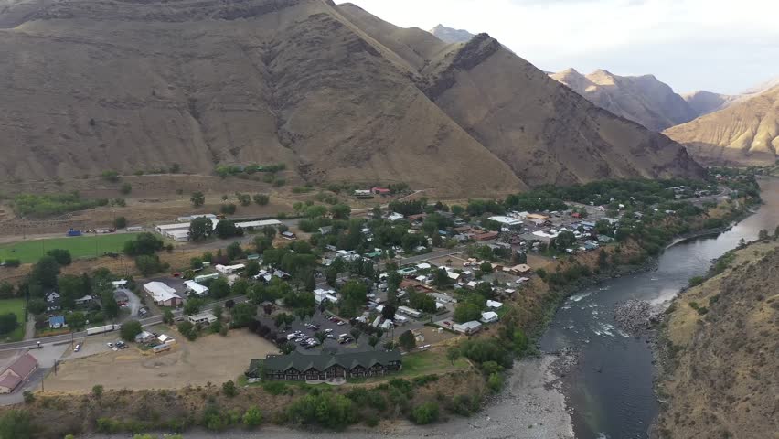 Riggins Idaho, drone descending shot over Salmon River.