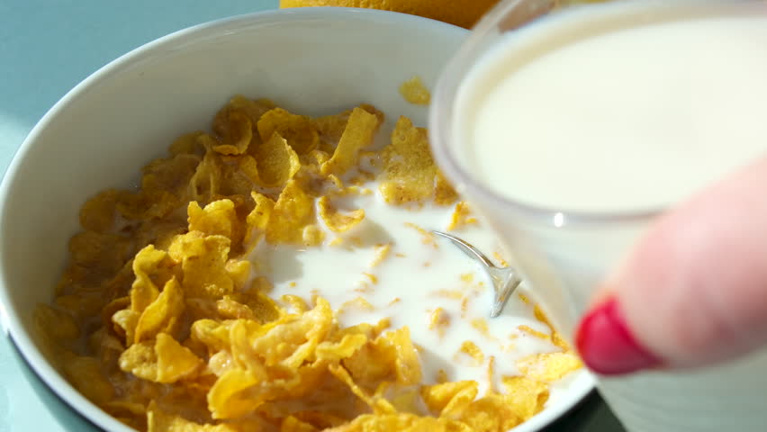 cereal with milk Milk pouring into bowl of corn flakes with splashing in slow motion, healthy cereal breakfast on blue background