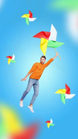 Creative poster motion trend collage video of excited amazed guy hold pinwheel toy summer leisure paper origami stick