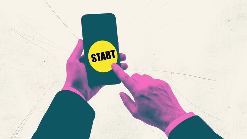 Motion poster trend art collage video of hand push phone screen start button loading new biz project success