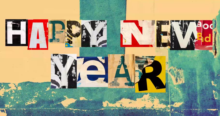 Old colorful Happy New Year posters ripped torn crumpled paper abstract grunge texture wall backdrop placard surface, seamless loop collage urban street posters slideshow background