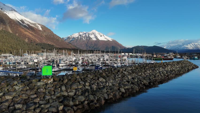 Aerial View, Drone Ascending over harbor in late fall with Snowcapped mountains in background, Seward Alaska