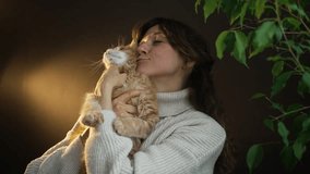 Woman is holding and cuddling her ginger cat. They're in front of a dark background with a green plant. The scene is lit by a warm light - Powered by Shutterstock - Get 15% off with code: PIKWIZARD15