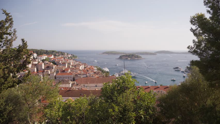 Hvar Resort Town, The Queen Of The Croatian Dalmatian Islands In The Adriatic Sea. Aerial Shot