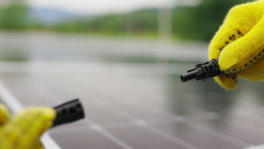 Solar Station Equipment. Connecting wires of solar panels at a solar farm. Engineers connect electrical system outdoors on a background of solar panels. Worker in protective gloves connects wire.