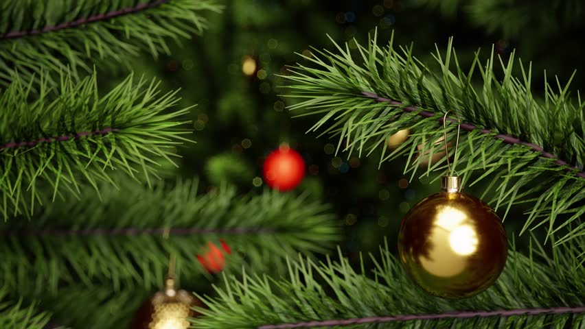 Camera movement on Christmas decoration on branch of Christmas tree on background of shining lights of golden ornaments. New Year background