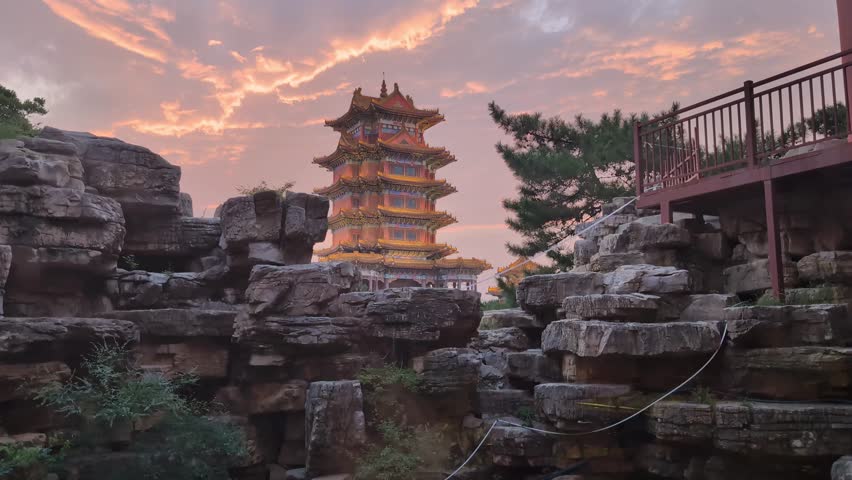 Golden pagoda against fiery sunset sky and rocky silhouette in penglai, shandong, China