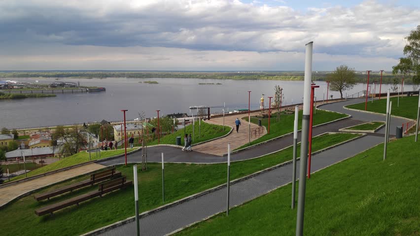 Nizhny Novgorod, Russia. Spit of Nizhny Novgorod. Embankment. Confluence of the Volga and Oka rivers