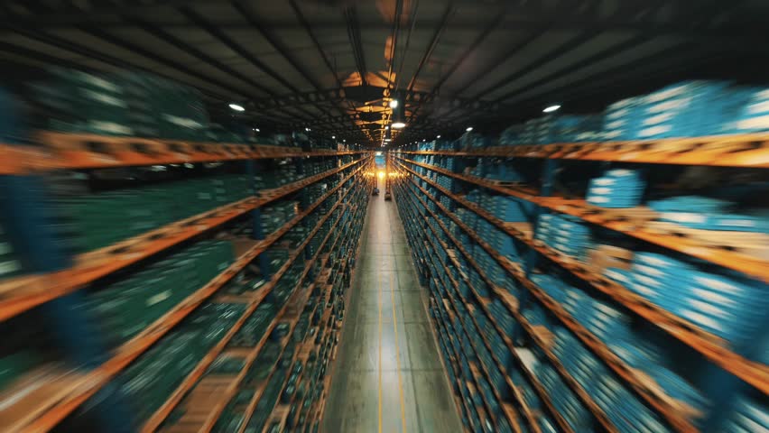 High-speed view down an extensive warehouse aisle filled with organized pallets.
FPV drone shot