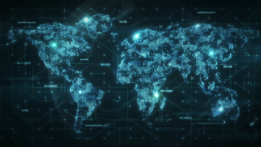 Futuristic digital world map visualizing global data exchange and information flow across continents