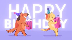 Happy birthday greeting animation, cute cat and dog walking to party with gift boxes - Powered by Shutterstock - Get 15% off with code: PIKWIZARD15