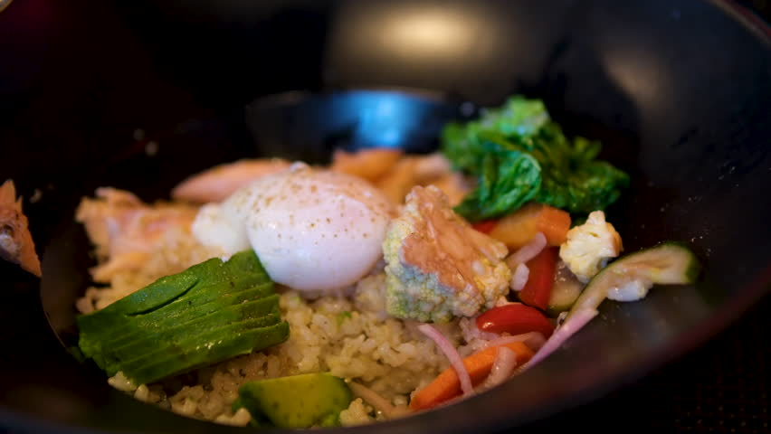 everything, salmon bowl, brown rice, poached egg, assorted pickles, avocado, sherry vinaigrett