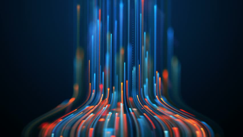 Connection cyberspace technology by particle lines stream data. Neon strips rising upwards abstract background 3D video seamless loop
