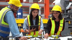 Indian engineer female and asian factory manager woman meeting and  talking to Architect or latin foreman with Blueprints together in industrial factory. group of diversity factory worker inspection  - Powered by Shutterstock - Get 15% off with code: PIKWIZARD15