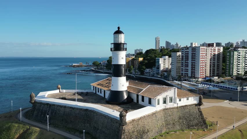 Aerial view of Farol da Barra and beach in the city of Salvador, state of Bahia, Brazil