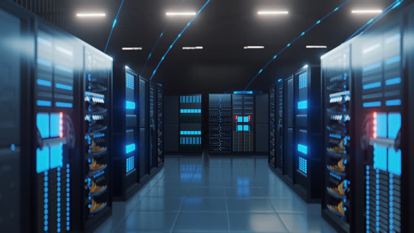Digital visualization of cloud computing, showing a networked connection between data center servers and cloud storage for data management.