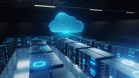 Digital visualization of cloud computing, showing a networked connection between data center servers and cloud storage for data management. - Powered by Shutterstock - Get 15% off with code: PIKWIZARD15