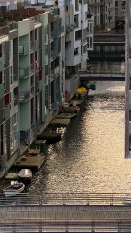 Aerial drone view of the Teglholmen peninsula in the South Harbour of Copenhagen, Denmark. Vertical