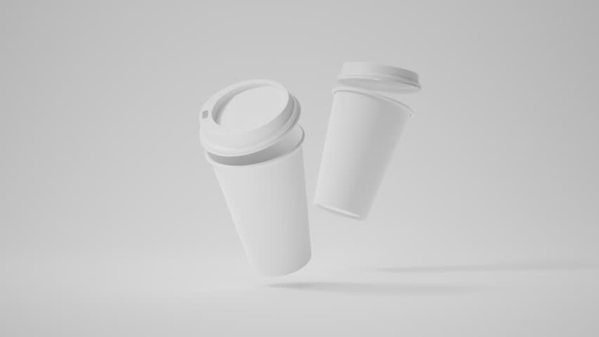 Two Minimalist White Blank Paper Coffee Cup floating above white background. Takeaway paper coffee cups flying. Loop, 4k, 3d render