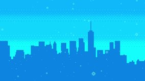 Animated pixel art winter cityscape. Snow falls on the background of the city silhouette. Christmas greeting card design seamless loop video. 2d retro video game skyscrapers in snowy weather. - Powered by Shutterstock - Get 15% off with code: PIKWIZARD15