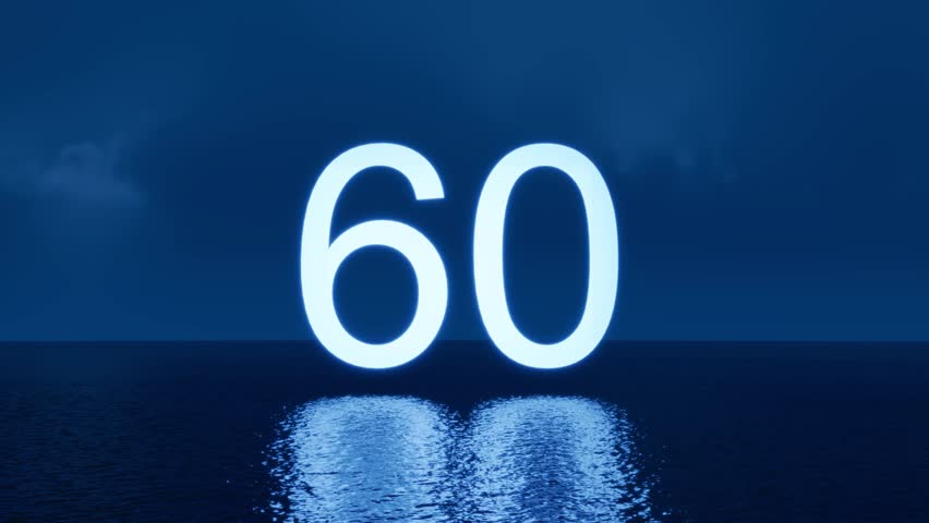 Countdown timer. A 60 second animation on background of the night sea. This countdown video serves as a lead-in before a video stream or visual presentations. Neon digital. Glow effect. 3d render
