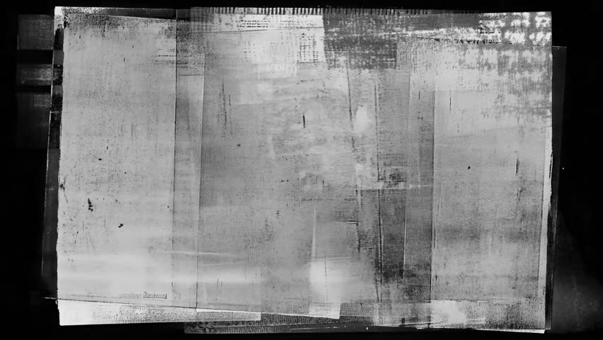 Stack of pale rectangles with uneven registration, copy noise, and edge rub. Subtle ink ghosts and binder marks. Animated grunge texture background overlay with refined analog print feeling.