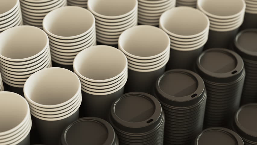 Loopable pan over a stack of disposable coffee or tea plastic cups and lids . Fly over set of many cups for a cafe. 3d render animation