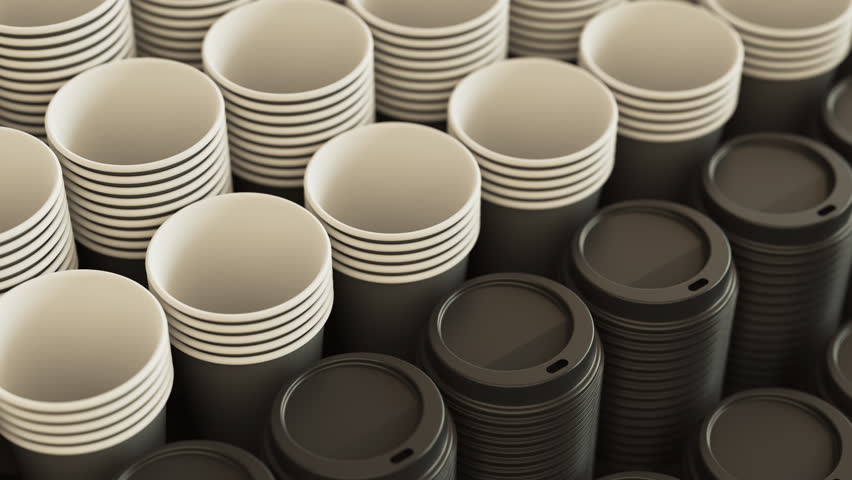 Loopable pan over a stack of disposable coffee or tea plastic cups and lids . Fly over set of many cups for a cafe. 3d render animation