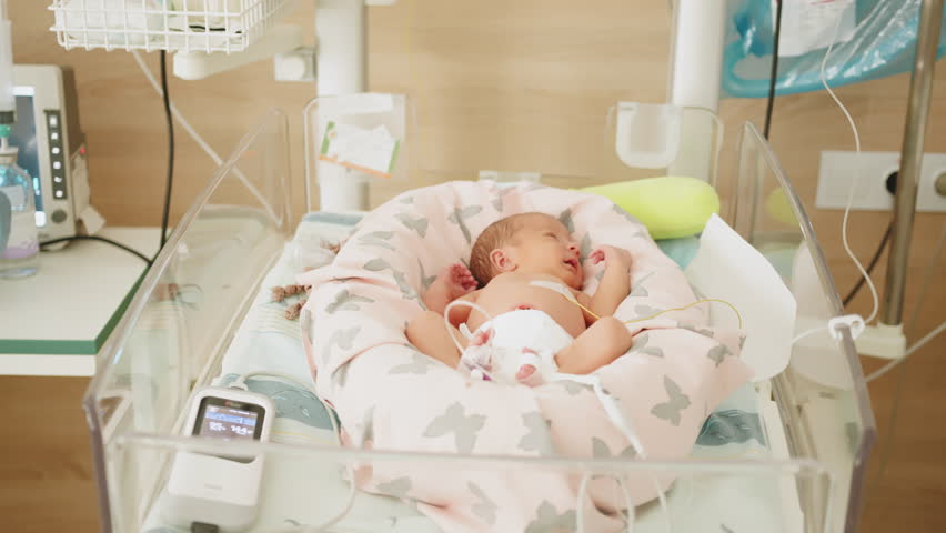 Newborn baby resting in a hospital incubator. The infant is being monitored and receiving medical care. Represents neonatal intensive care.