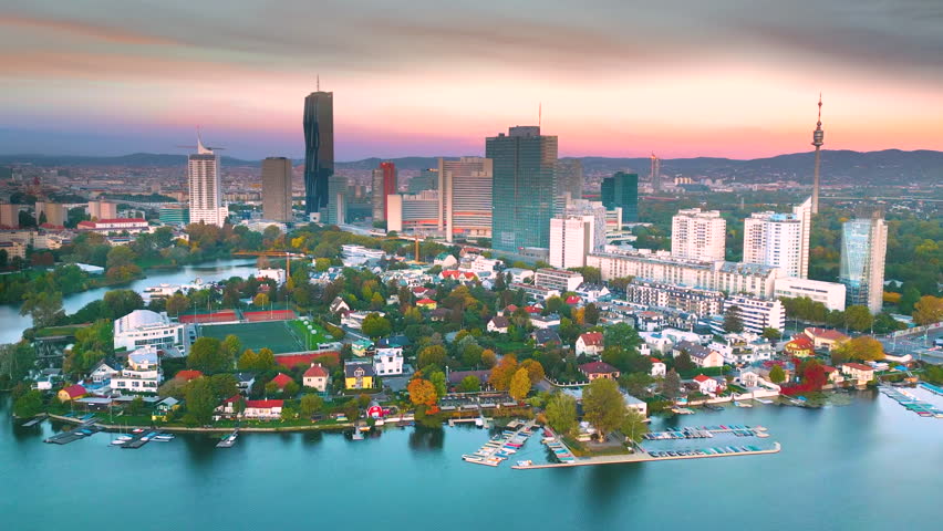 Skyscrapers vienna city skyline aerial top view fly over river in front vienna skyscrapers austria city.