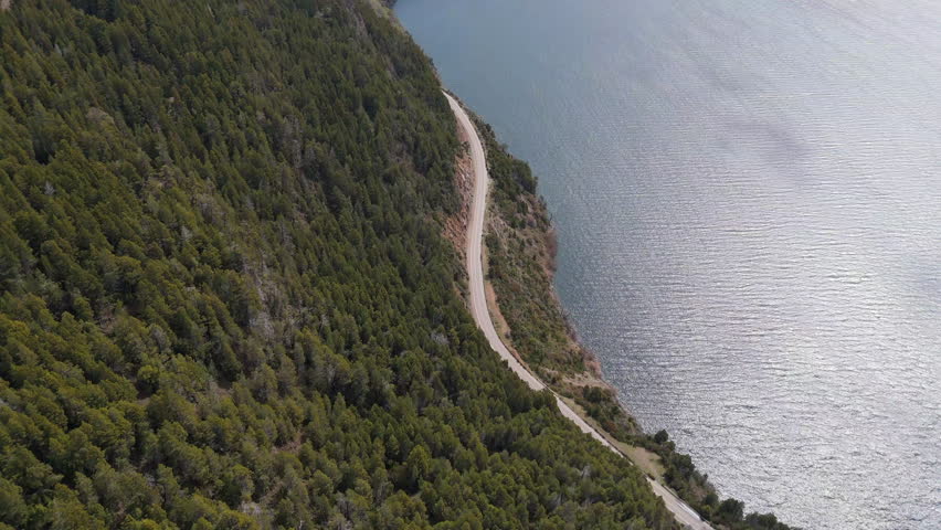 Top-down aerial shot of Route 40 with Lake Lacar, Argentina, drone follows the road