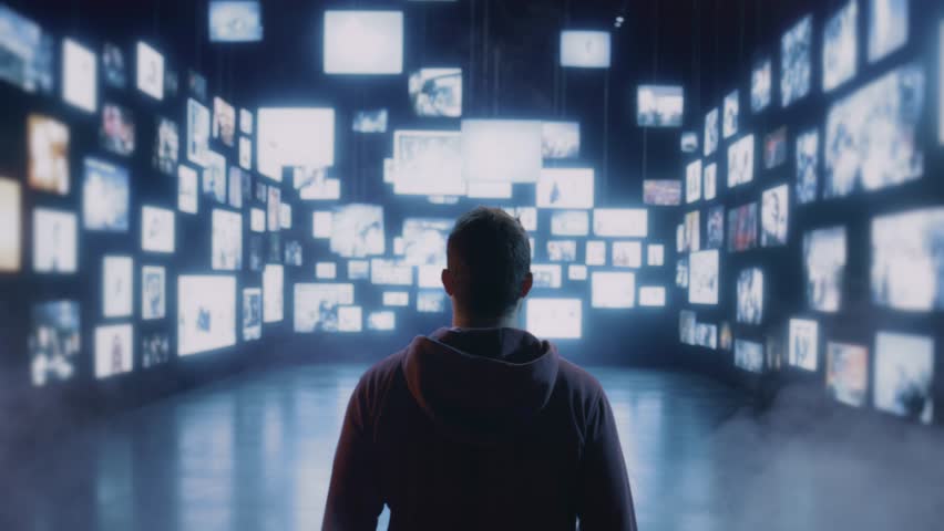 Man Overwhelmed By Digital Screens Information Overload Virtual Reality Modern Technology