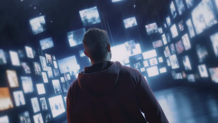 Man Looking At Digital Wall Screens Modern Technology Information Flow